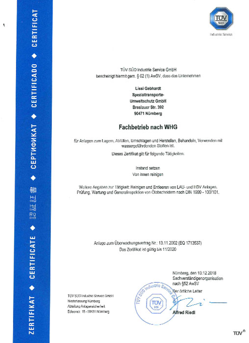 Lissi Gebhardt Entsorgungsfachbetrieb Industrieservice Umweltschutz Nürnberg Zertifikat Zertifikate TÜV
